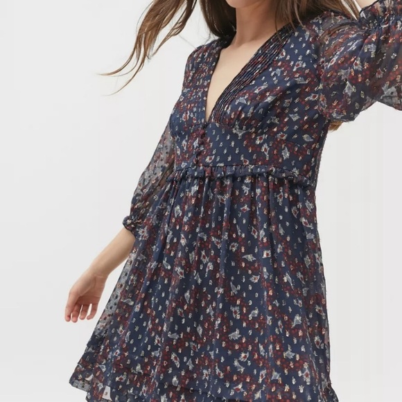 Urban Outfitters Printed Chiffon Mini Dress in Blue Size Small - Picture 1 of 14